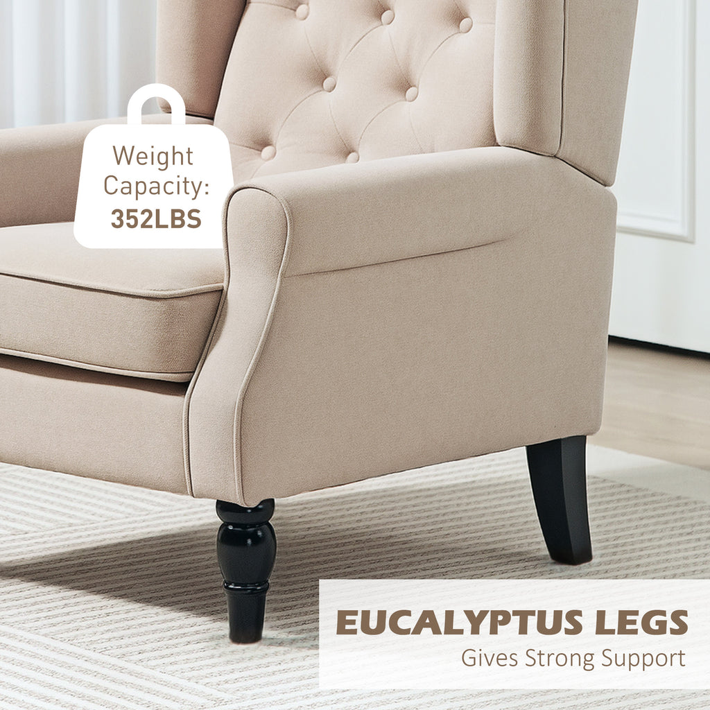 Wingback Accent Chair for Living Room, Button-Tufted Lounge Chair with Round Armrests and Wood Legs, Beige