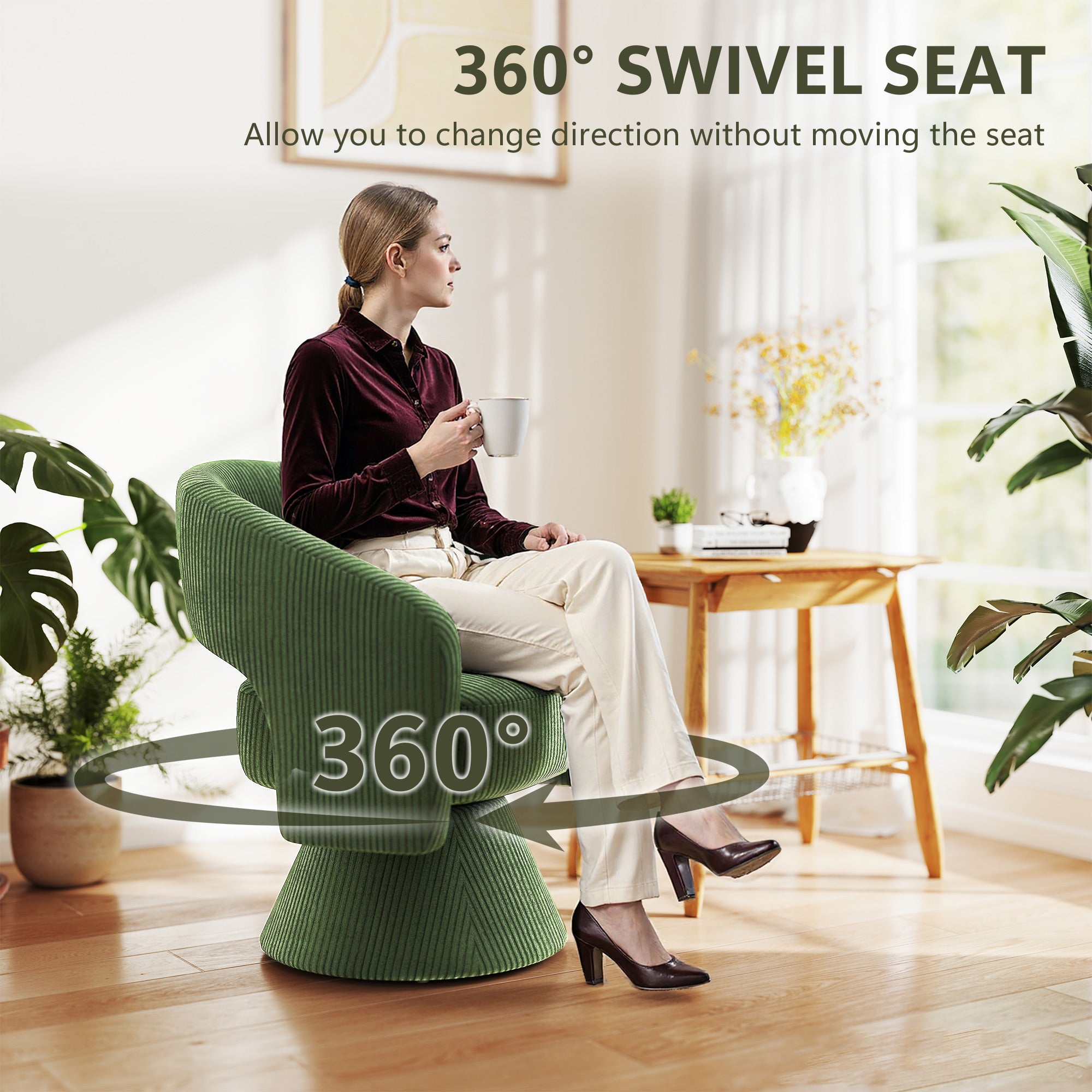 Swivel Barrel Accent Chair, Modern Upholstered Living Room Chair with Thick Padding for Reading, Green