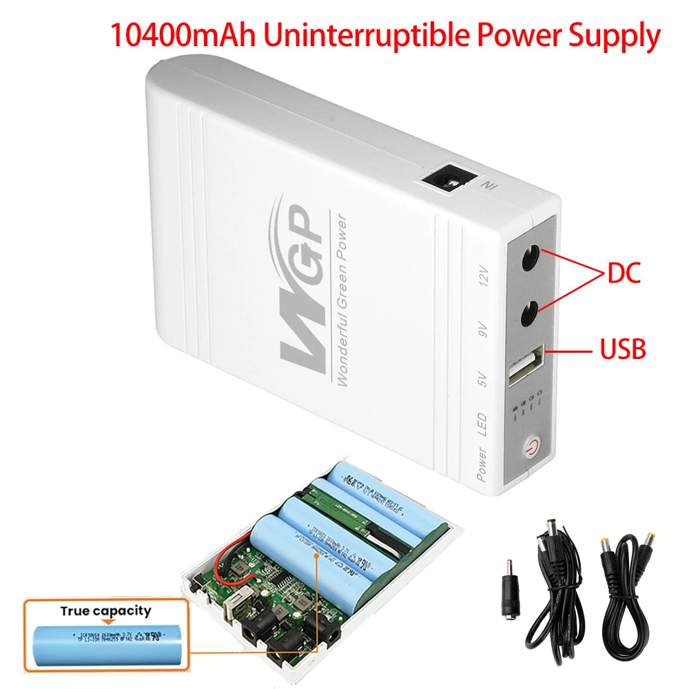 10400mAh Mini UPS Battery Backup — 24W, 5V/9V/12V for Routers, Modems & Cameras