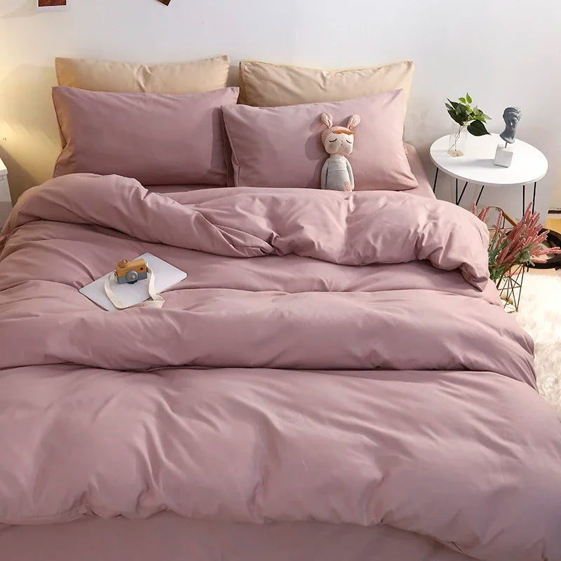 100% Washed Cotton 4-Piece Bedding Set – Soft Duvet Cover with Flat Sheet