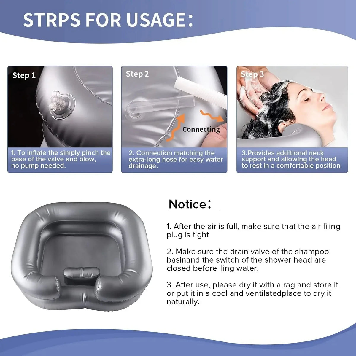 Inflatable Shampoo Basin with Drain Tube – Portable, Foldable