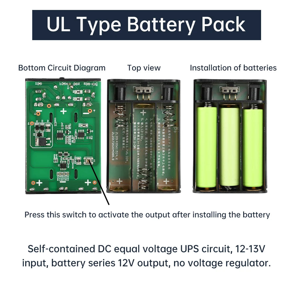 DC 12V DIY UPS Battery Box — 3×18650 Cells, 24W, True 0ms Switchover (No Battery)