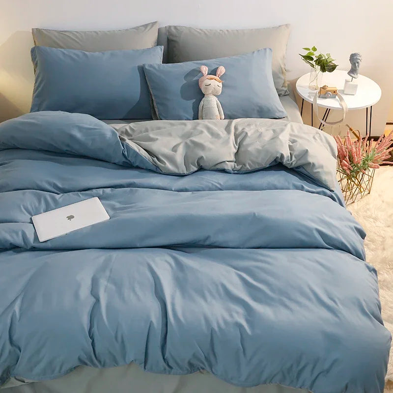 100% Washed Cotton 4-Piece Bedding Set – Soft Duvet Cover with Flat Sheet