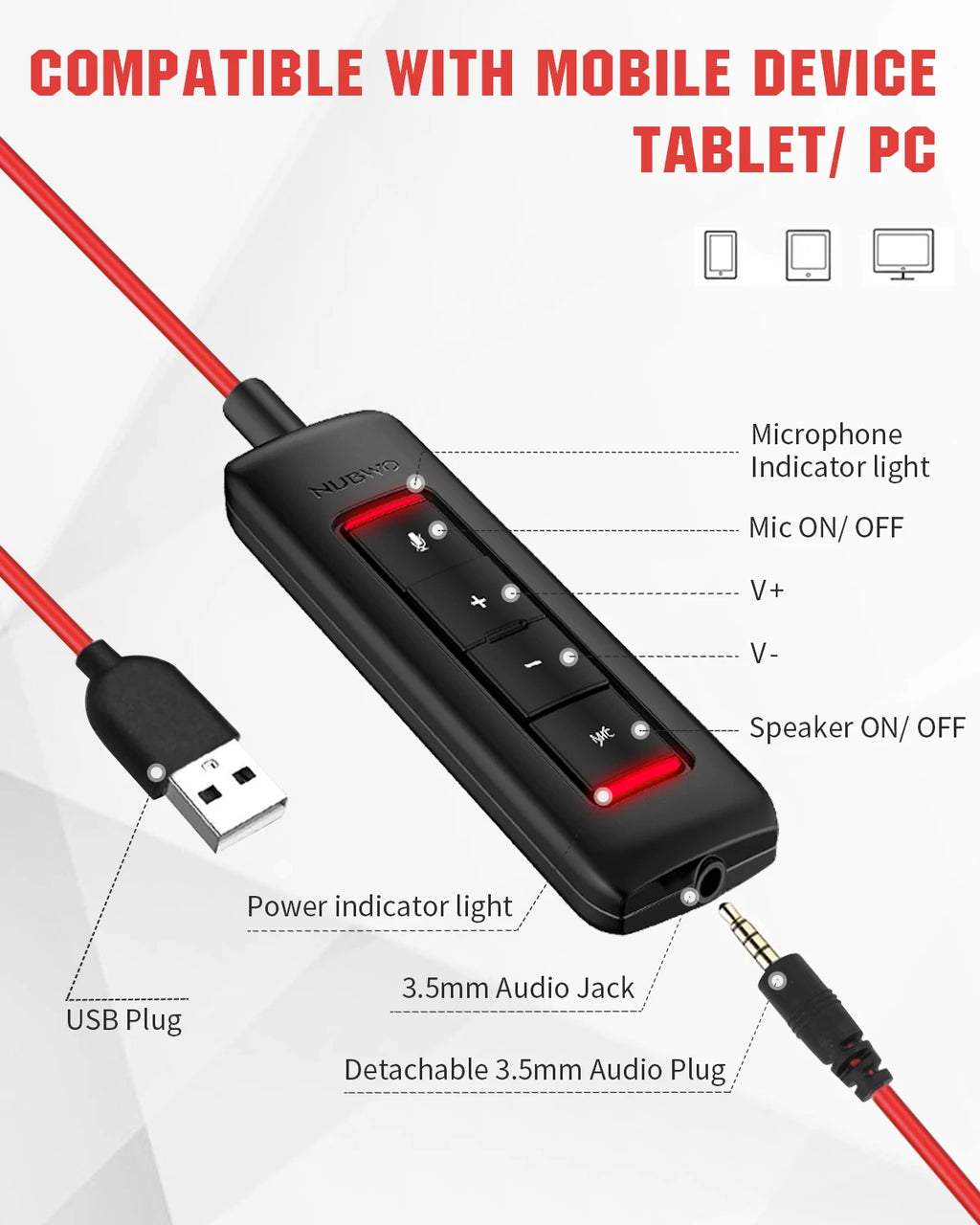 NUBWO HW01 Wired Headset with Noise-Cancelling Mic – USB & 3.5mm