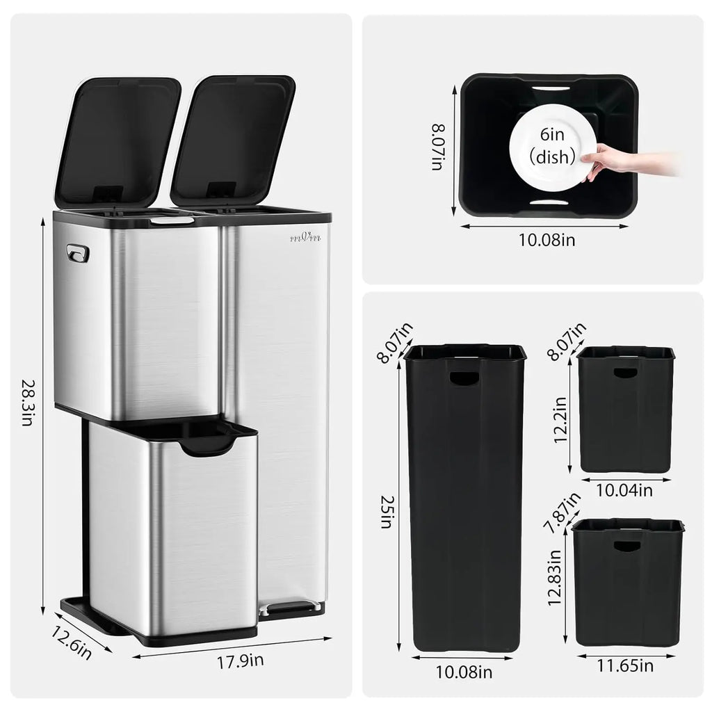 60L Three-Compartment Stainless Steel Recycling Bin