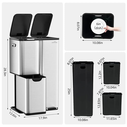 60L Three-Compartment Stainless Steel Recycling Bin