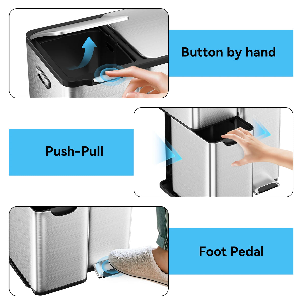 60L Three-Compartment Stainless Steel Recycling Bin