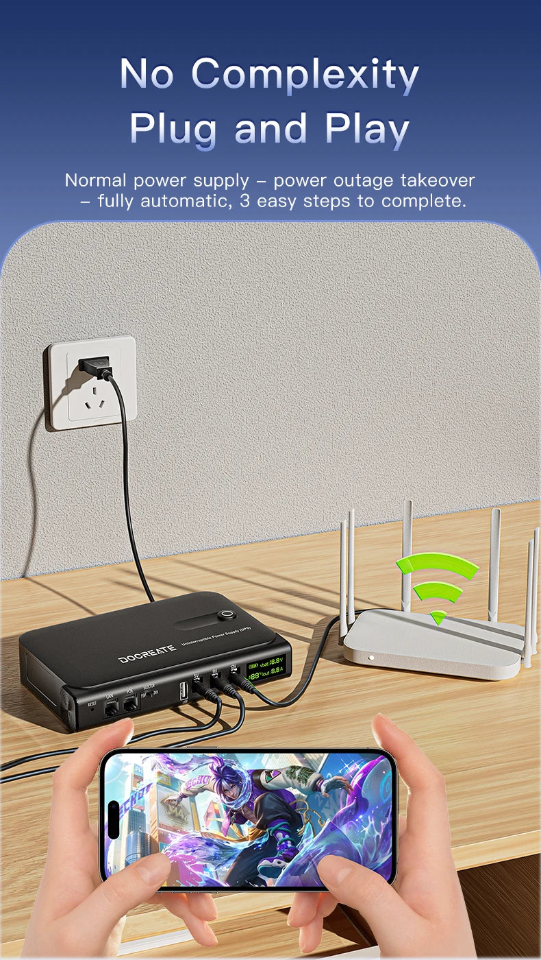 36W DC UPS Power Supply — 5V/9V/12V Backup for Routers & CCTV