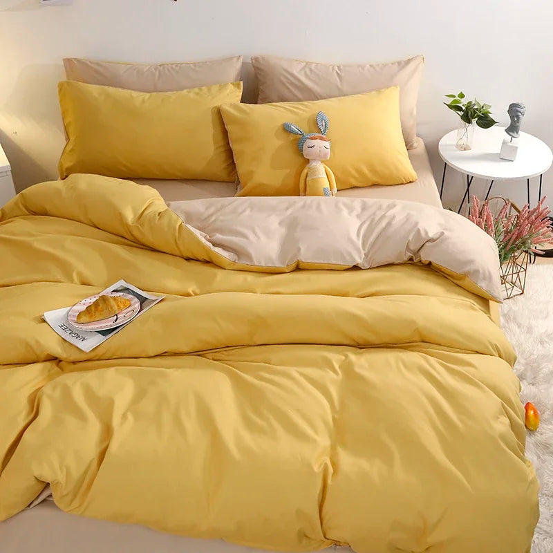 100% Washed Cotton 4-Piece Bedding Set – Soft Duvet Cover with Flat Sheet