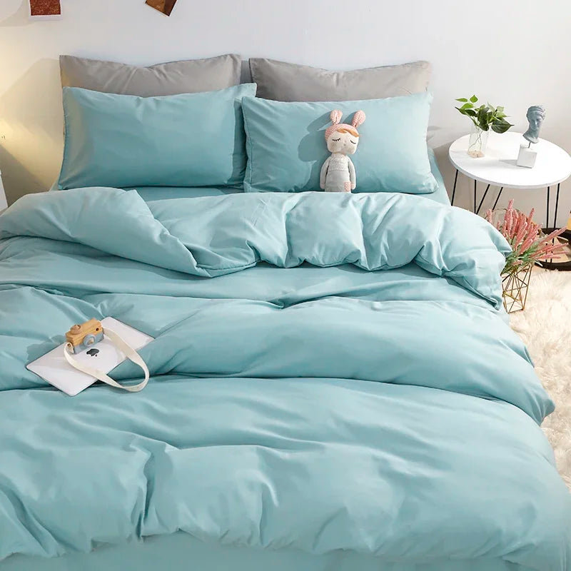 100% Washed Cotton 4-Piece Bedding Set – Soft Duvet Cover with Flat Sheet