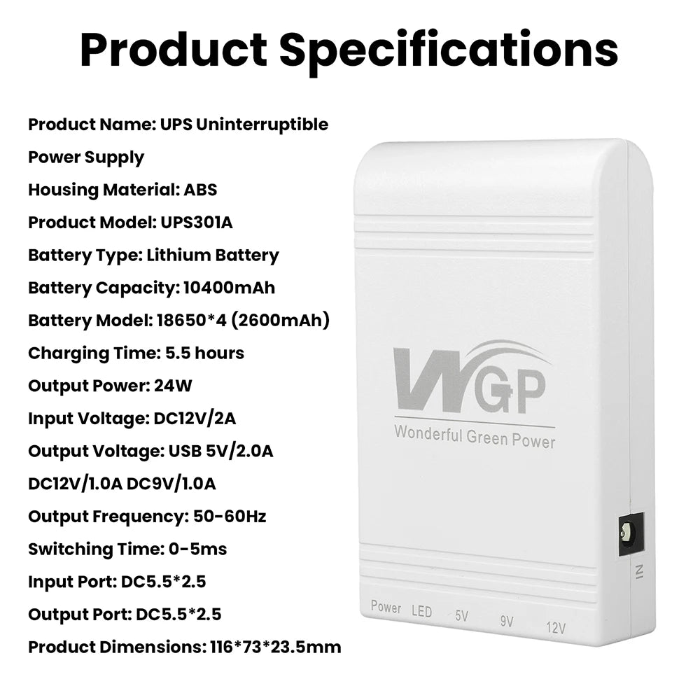 10400mAh Mini UPS Battery Backup — 24W, 5V/9V/12V for Routers, Modems & Cameras