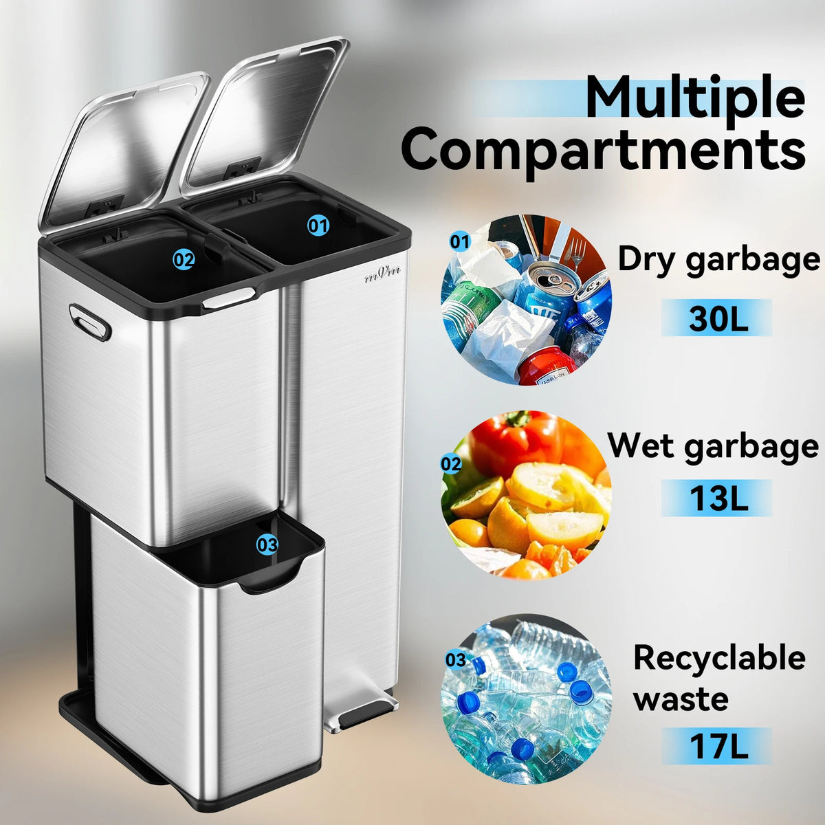60L Three-Compartment Stainless Steel Recycling Bin