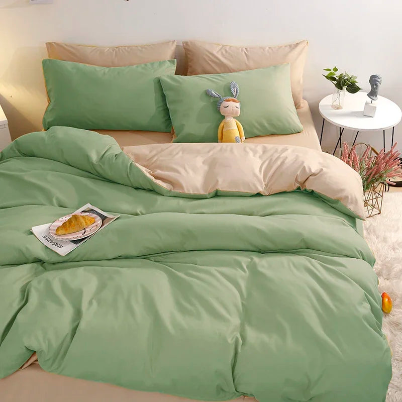 100% Washed Cotton 4-Piece Bedding Set – Soft Duvet Cover with Flat Sheet