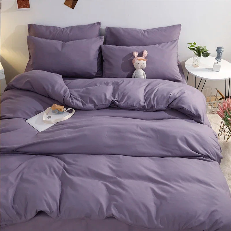 100% Washed Cotton 4-Piece Bedding Set – Soft Duvet Cover with Flat Sheet