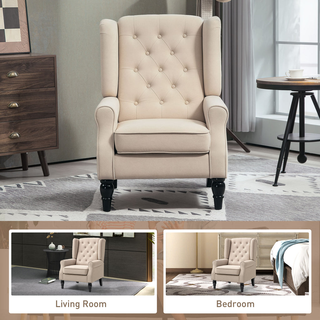 Wingback Accent Chair for Living Room, Button-Tufted Lounge Chair with Round Armrests and Wood Legs, Beige