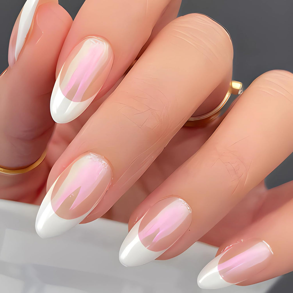White French Tip Press-On Nails – Medium Almond, 24 Pcs